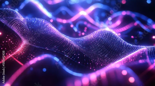 A complex holographic 3D mesh with intricate patterns and radiant light effects, creating