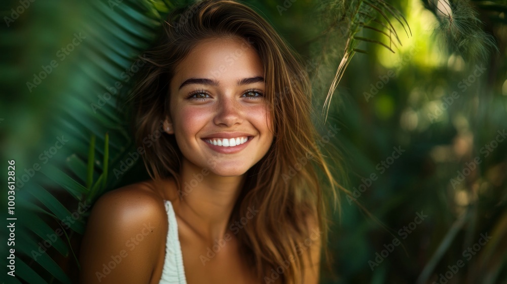 Fototapeta premium A vibrant outdoor portrait of a woman with a radiant smile, surrounded by greenery, capturing her joyful and approachable personality.