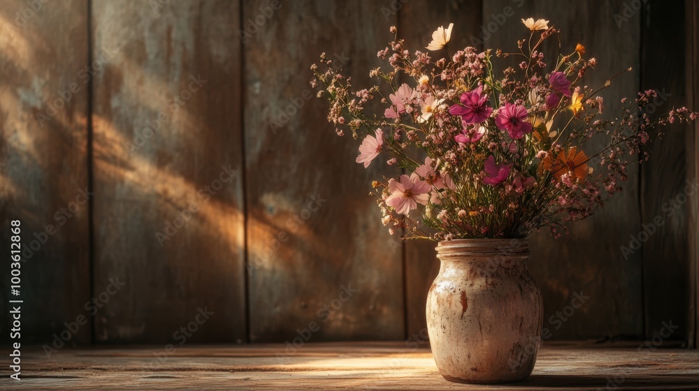 A detailed shot of a flower arrangement in a rustic jar, with soft, ambient lighting A detailed shot of a flower arrangement in a rustic jar, with soft, ambient lighting