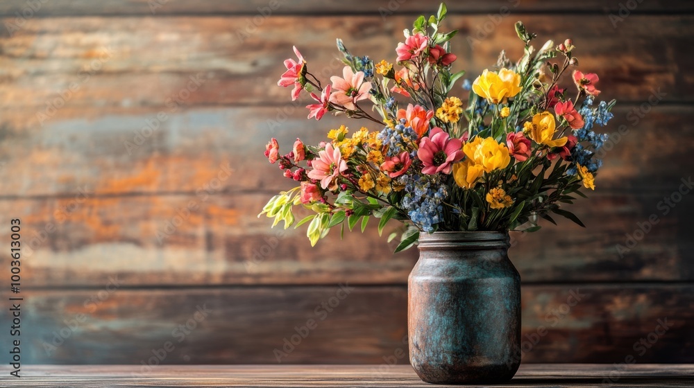 A detailed shot of a flower arrangement in a rustic jar, with soft, ambient lighting A detailed shot of a flower arrangement in a rustic jar, with soft, ambient lighting