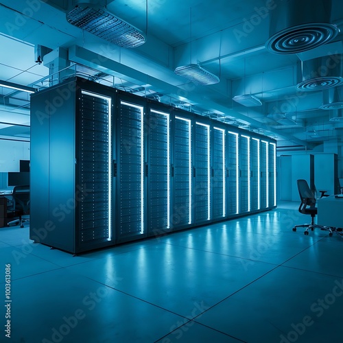 Clean, glowing server racks in a high-tech facility.