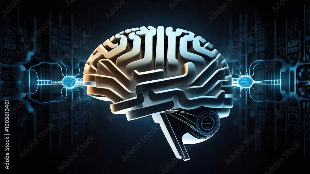Cerebro metálico visto de perfil. Inteligencia artificial. Evolución. Cerebro metálico visto de perfil. Inteligencia artificial. Evolución.