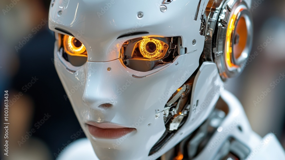 Close-up of a humanoid robot face with glowing eyes on a soft-focus background. Close-up of a humanoid robot face with glowing eyes on a soft-focus background.