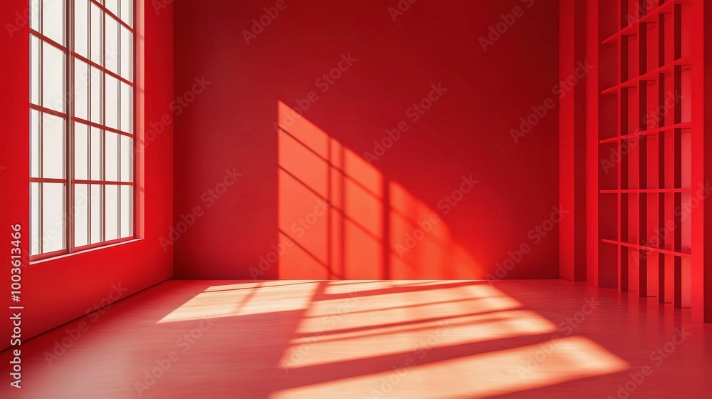 Vibrant Red Room with Window Shadows and Minimalistic Design Vibrant Red Room with Window Shadows and Minimalistic Design