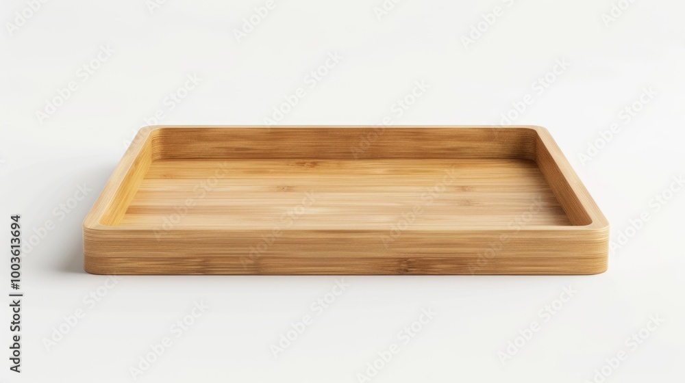 A wooden tray is empty and sits on a white background