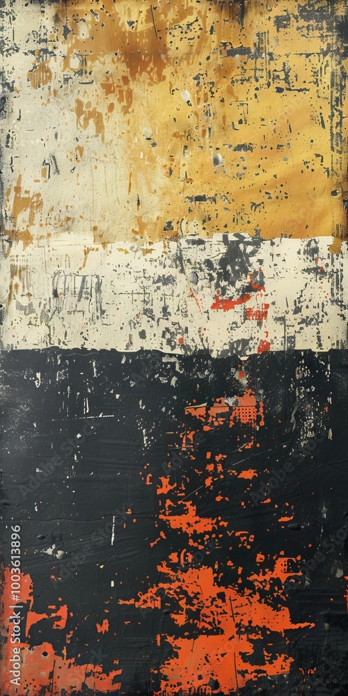 A striking abstract grunge texture featuring bold colors and distressed layers in yellow, white, black, and red. A striking abstract grunge texture featuring bold colors and distressed layers in yellow, white, black, and red.