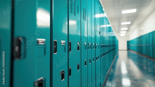 A row of teal lockers in a school hallway, designed for student storage and organization.