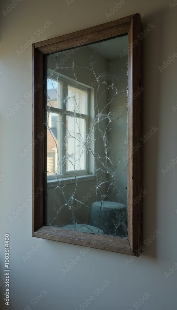Cracked mirror with wooden frame hanging on a wall, reflecting a softly lit room Cracked mirror with wooden frame hanging on a wall, reflecting a softly lit room