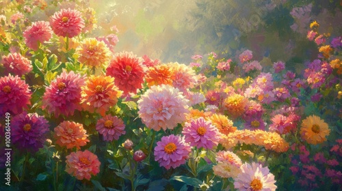 A garden scene with a variety of colorful dahlias and zinnias in full bloom, with the light creating