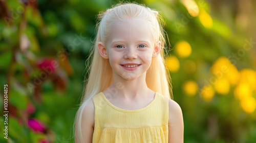 Beautiful Young Israeli Albino Girl in a Yellow Dress Smiling Outdoors in a Lush Garden