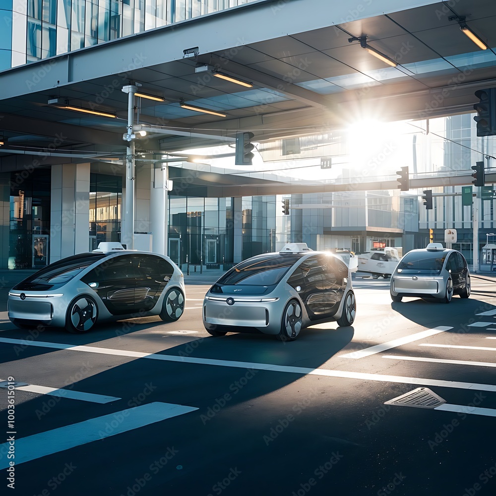 Autonomous vehicles gliding through a sunlit, modern intersection. Autonomous vehicles gliding through a sunlit, modern intersection.
