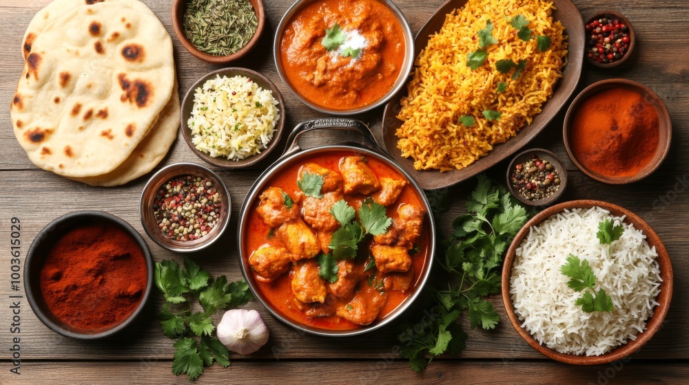 A vibrant spread of popular Indian dishes including butter chicken, naan, and biryani, beautifully arranged on a wooden table with spices and herbs surrounding them. A vibrant spread of popular Indian dishes including butter chicken, naan, and biryani, beautifully arranged on a wooden table with spices and herbs surrounding them.