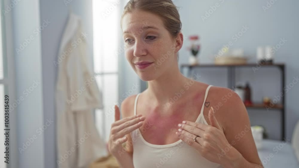 Woman touching sunburned chest in spa room with light blue walls emphasizing redness on skin while standing indoors Woman touching sunburned chest in spa room with light blue walls emphasizing redness on skin while standing indoors