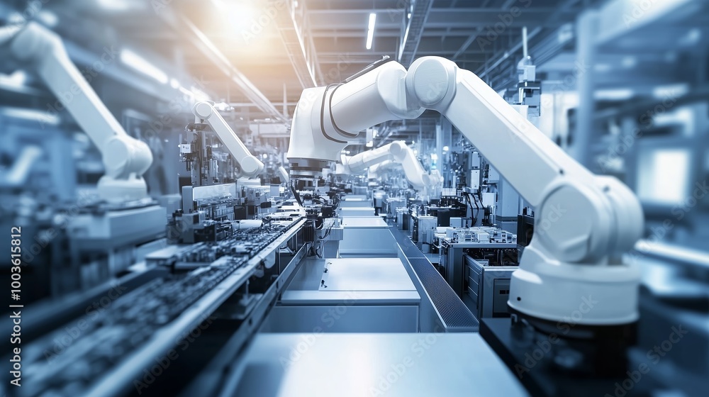 Advanced robotic arm assembling electronic components in a modern manufacturing facility during daylight hours Advanced robotic arm assembling electronic components in a modern manufacturing facility during daylight hours