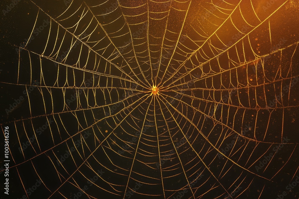Obraz premium A mesmerizing web glistening in soft golden light at dawn, showcasing nature's intricate artistry and the delicate balance of life and beauty in the early morning hours