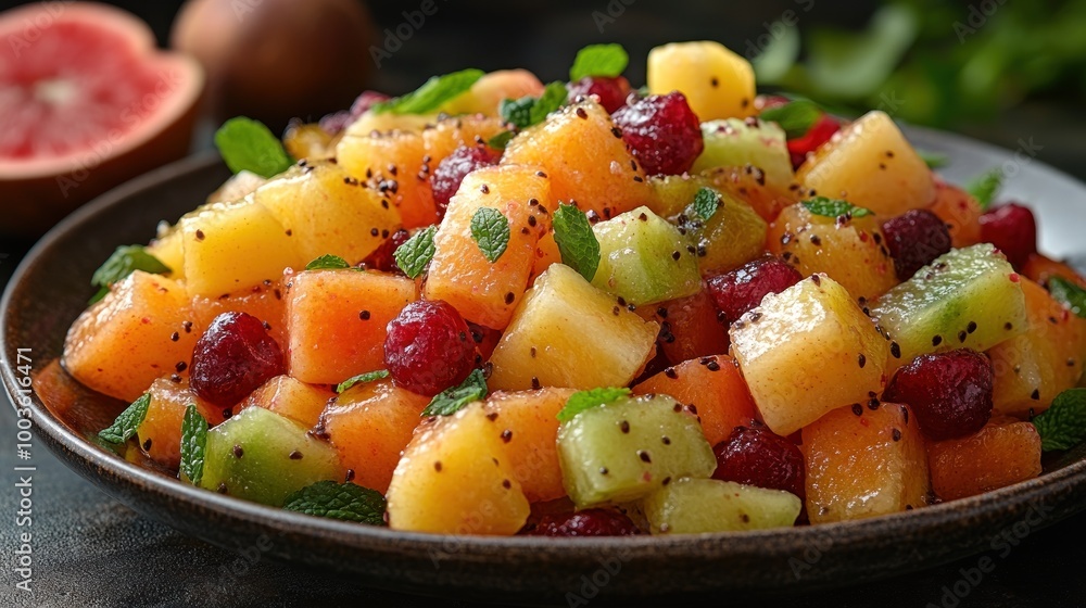 A close-up of a colorful fruit salad with melon, kiwi, cranberries, and poppy seeds. A close-up of a colorful fruit salad with melon, kiwi, cranberries, and poppy seeds.