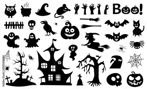 Set of silhouettes of Halloween. Haunted house, creepy tree, flying witch, pumpkins, bat, spider etc