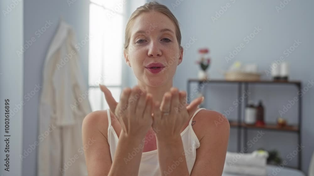 Young woman sending kiss in a spa salon beauty room indoors with wellness decor Young woman sending kiss in a spa salon beauty room indoors with wellness decor