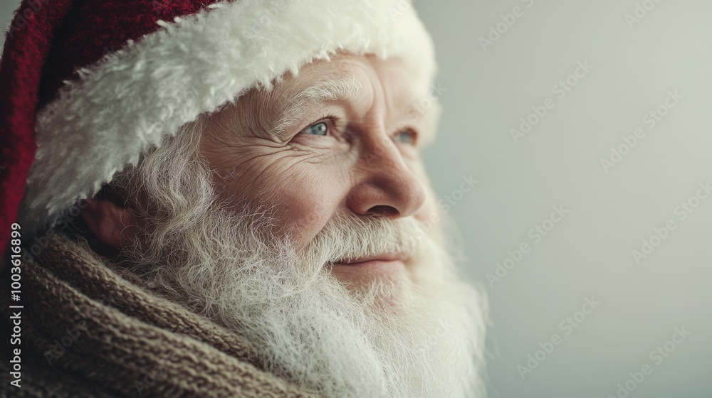 Manga santa clauss half profile, white backdrop, bright red hat and smile, soft highlights, clean and angelic design. Manga santa clauss half profile, white backdrop, bright red hat and smile, soft highlights, clean and angelic design.