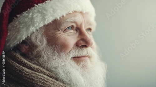 Manga santa clauss half profile, white backdrop, bright red hat and smile, soft highlights, clean and angelic design. photo