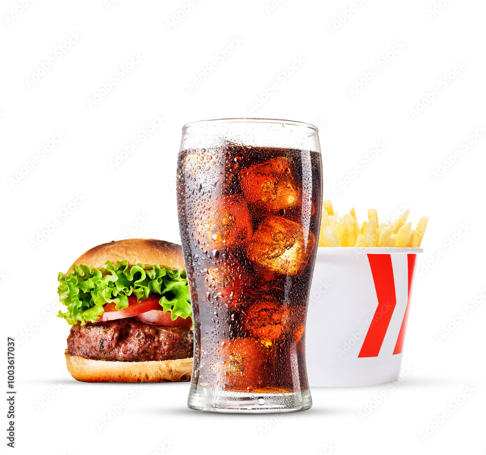 A classic trio of cola, French fries, and a hamburger A classic trio of cola, French fries, and a hamburger