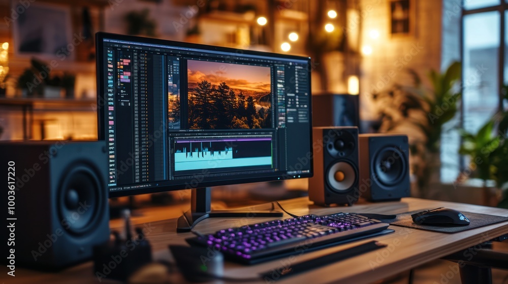A modern workspace featuring a computer, speakers, and a vibrant sunset image on the screen. A modern workspace featuring a computer, speakers, and a vibrant sunset image on the screen.