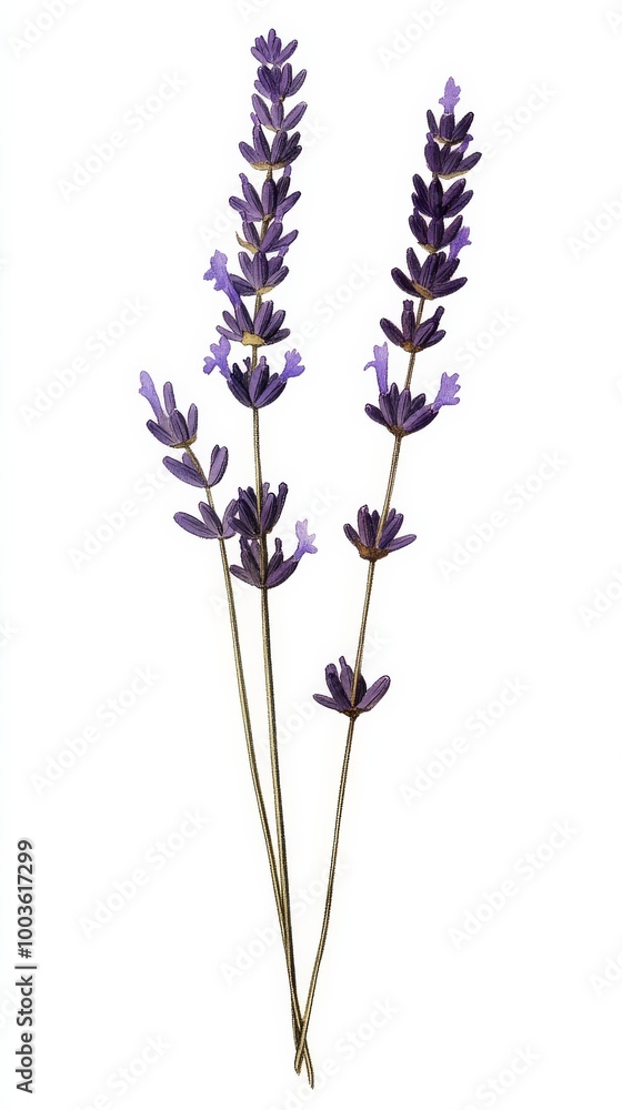 Naklejka premium Detailed PNG representation of a lone minimalistic lavender flower pressed onto paper.