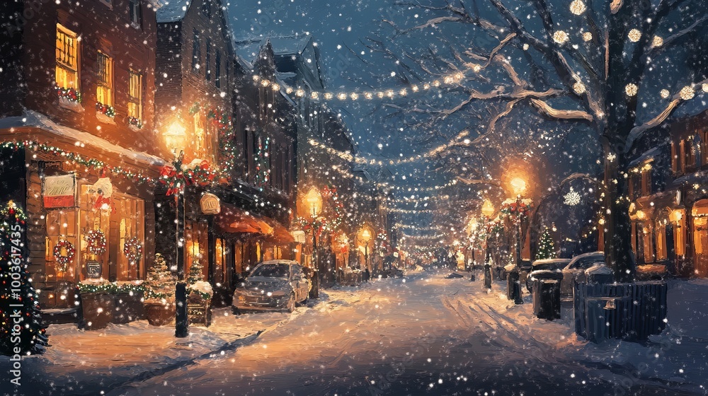 Realistic painting of a snowy street scene with festive holiday lights and decorations. Realistic painting of a snowy street scene with festive holiday lights and decorations.