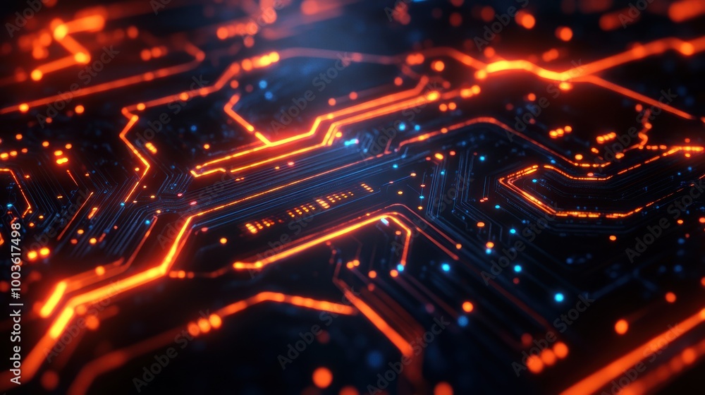 Fototapeta premium Abstract digital circuit design with glowing lines and nodes.