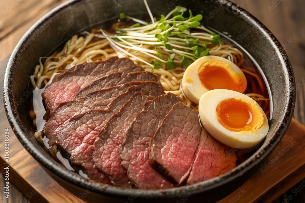 A gourmet Wagyu beef ramen bowl, filled with rich broth, tender beef slices, soft-boiled egg, seaweed, and vegetables, garnished with fresh scallions, all presented in a traditional ceramic bowl A gourmet Wagyu beef ramen bowl, filled with rich broth, tender beef slices, soft-boiled egg, seaweed, and vegetables, garnished with fresh scallions, all presented in a traditional ceramic bowl