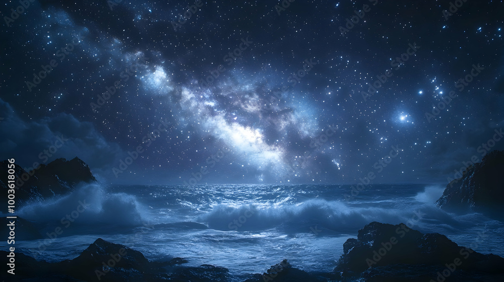 Night Sky Above Ocean Waves - Illustration Night Sky Above Ocean Waves - Illustration