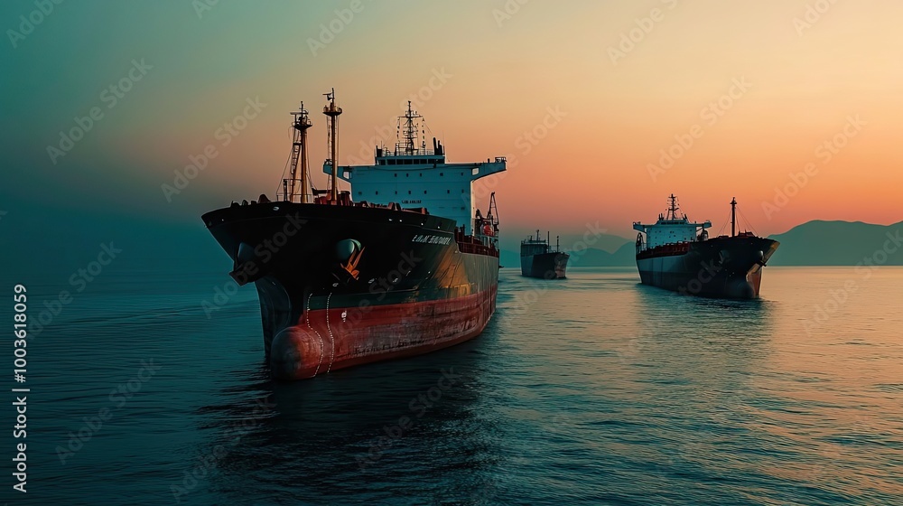 Cargo Ships Navigating Calm Waters at Sunset Cargo Ships Navigating Calm Waters at Sunset