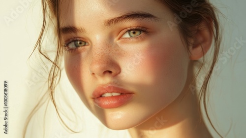 A young woman with clear skin and bright eyes, her face illuminated by soft sunlight, showcasing a fresh and natural look with no visible makeup