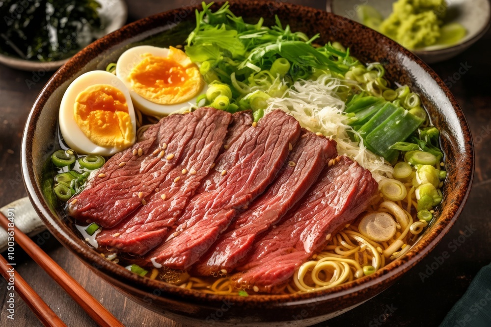 A gourmet Wagyu beef ramen bowl, filled with rich broth, tender beef slices, soft-boiled egg, seaweed, and vegetables, garnished with fresh scallions, all presented in a traditional ceramic bowl A gourmet Wagyu beef ramen bowl, filled with rich broth, tender beef slices, soft-boiled egg, seaweed, and vegetables, garnished with fresh scallions, all presented in a traditional ceramic bowl
