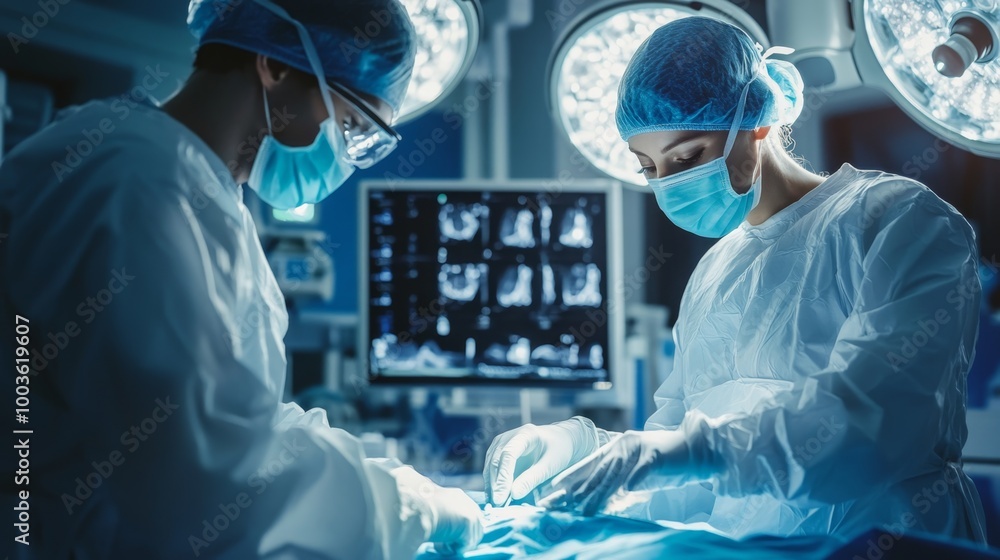 Physician and AI robot collaborating on robotic-assisted surgery in a technologically advanced operating room Physician and AI robot collaborating on robotic-assisted surgery in a technologically advanced operating room