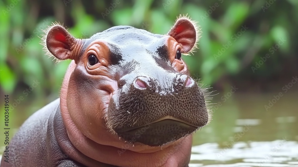 Fototapeta premium Close-up of a plump baby hippo drinking water in a Thailand zoo, with lush green surroundings. No people, no logo.
