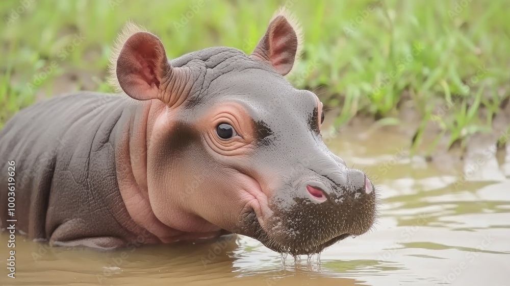 Close-up of a plump baby hippo drinking water in a Thailand zoo, with lush green surroundings. No people, no logo. Close-up of a plump baby hippo drinking water in a Thailand zoo, with lush green surroundings. No people, no logo.