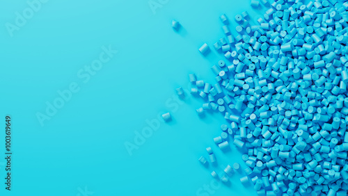 Closeup top view on cyan plastic polypropylene granules heap on turquoise backdrop, masterbatch polymer grain pile. HDPE or PVC resin pellets. 3d render illustration