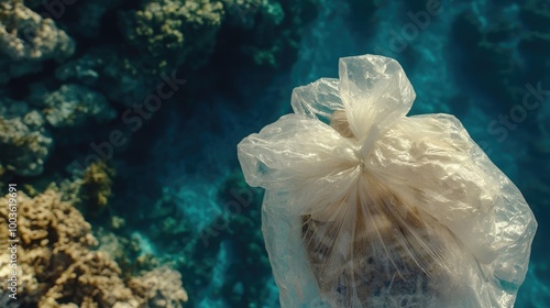 Close-up of a sea turtle entangled in a plastic bag, swimming in the ocean, symbolizing the need for conservation. No people, no logo.