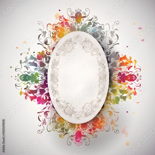 An oval frame with a white background surrounded by a colorful floral design.