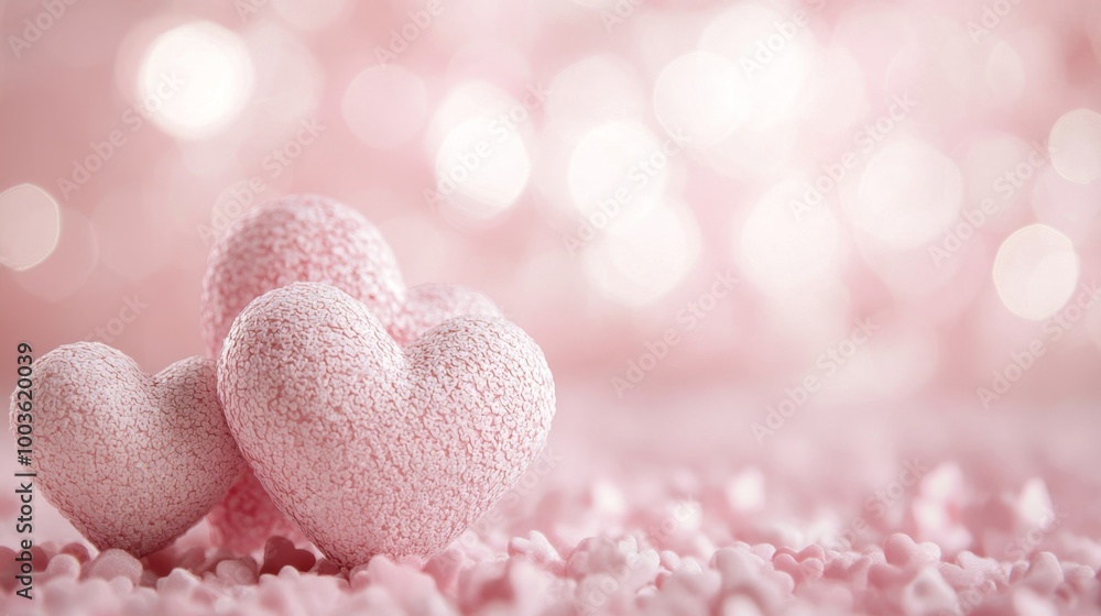 Fototapeta premium Romantic blush pink with intricate heart patterns and a soft bokeh effect, creating an enchanting Valentine Day backdrop