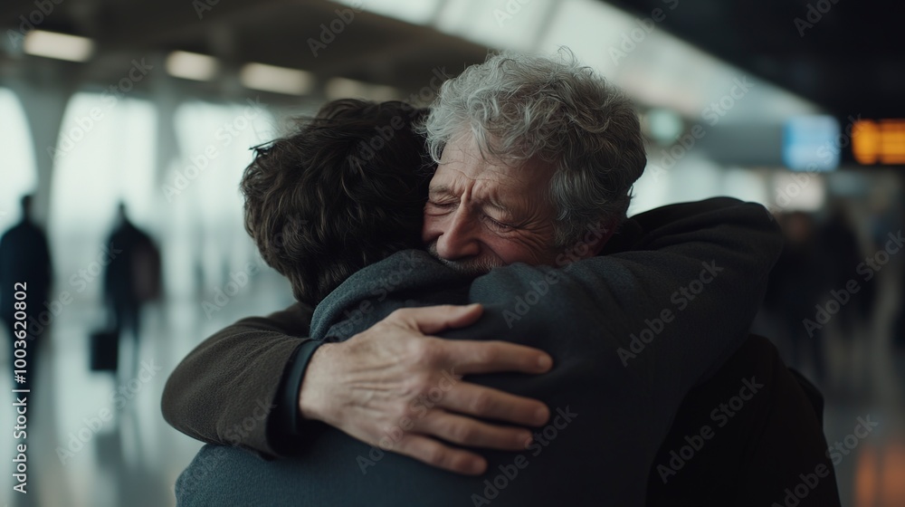 A poignant scene at an airport where a senior father greets his adult son with a tight hug, surrounded by the bustling environment, highlighting the deep emotional connection A poignant scene at an airport where a senior father greets his adult son with a tight hug, surrounded by the bustling environment, highlighting the deep emotional connection