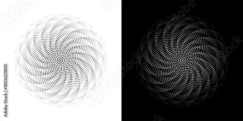 Abstract background with abstract line pattern in circles. Spiral art design as a logo or icon. A black figure on a white background and the same white figure on a black side. Mandala design with line