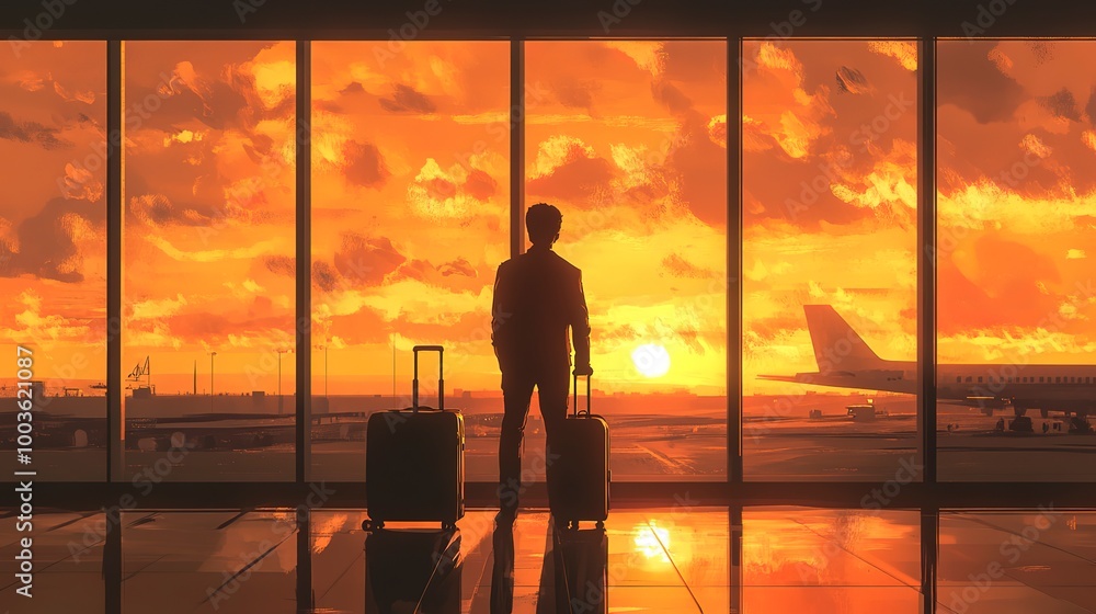 A man is standing in front of an airport window with his luggage. The sky is orange and the sun is setting A man is standing in front of an airport window with his luggage. The sky is orange and the sun is setting