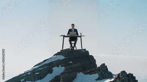 Businessman working remote work on a laptop at a desk on a mountain peak under clear sky.