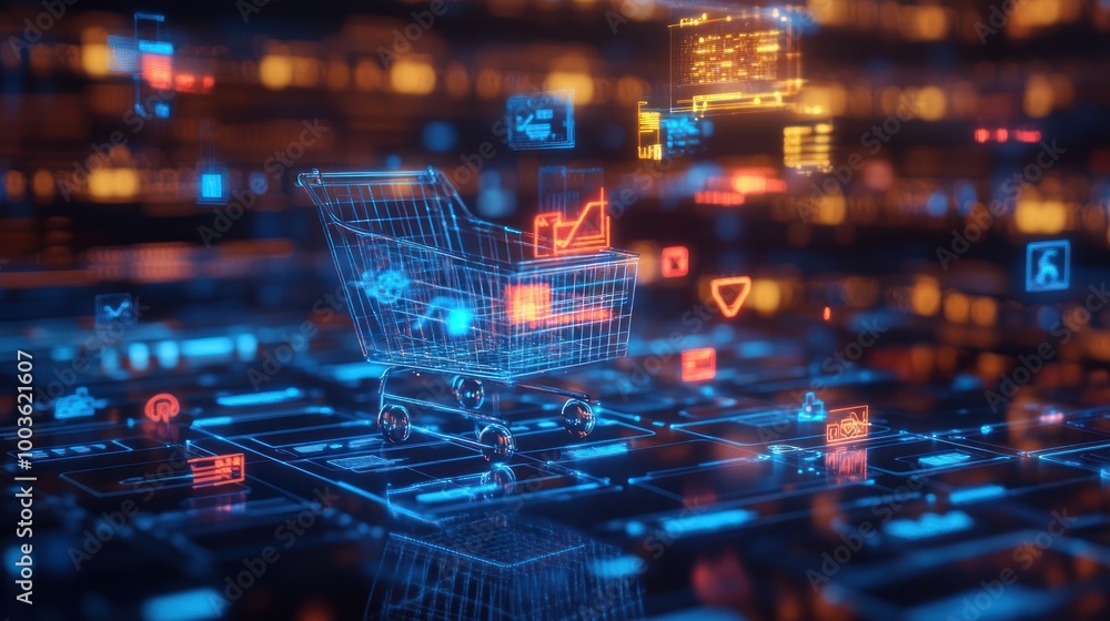 Digital shopping cart surrounded by glowing icons and data visualizations. Digital shopping cart surrounded by glowing icons and data visualizations.