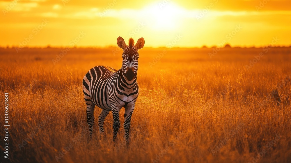 Obraz premium A zebra stands in golden grass at sunset, highlighting the beauty of wildlife in nature.