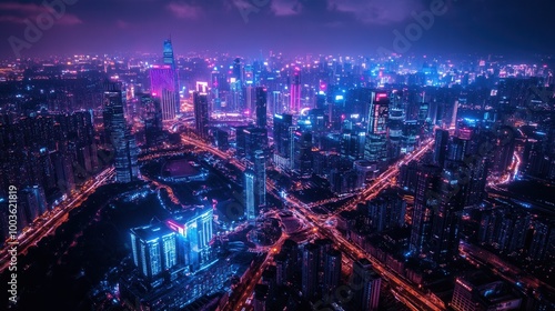 Futuristic Neon Cityscape at Night with Blue, Purple, and Pink Lights