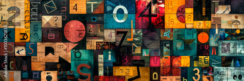 An abstract banner filled with a collage of scholarly symbols such as letters, numbers, and scientific icons, arranged in an artistic and harmonious way.