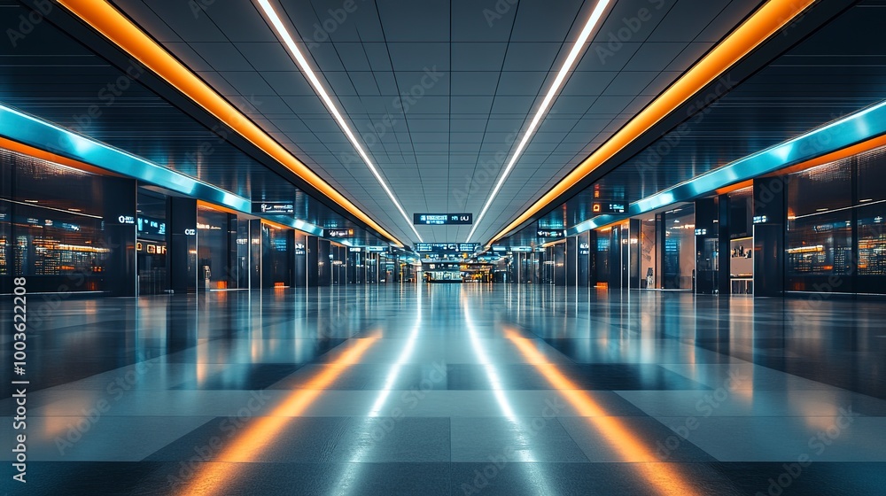 A broad image of an empty, modern airport terminal with sleek design, bright lighting, and a futuristic appearance A broad image of an empty, modern airport terminal with sleek design, bright lighting, and a futuristic appearance
